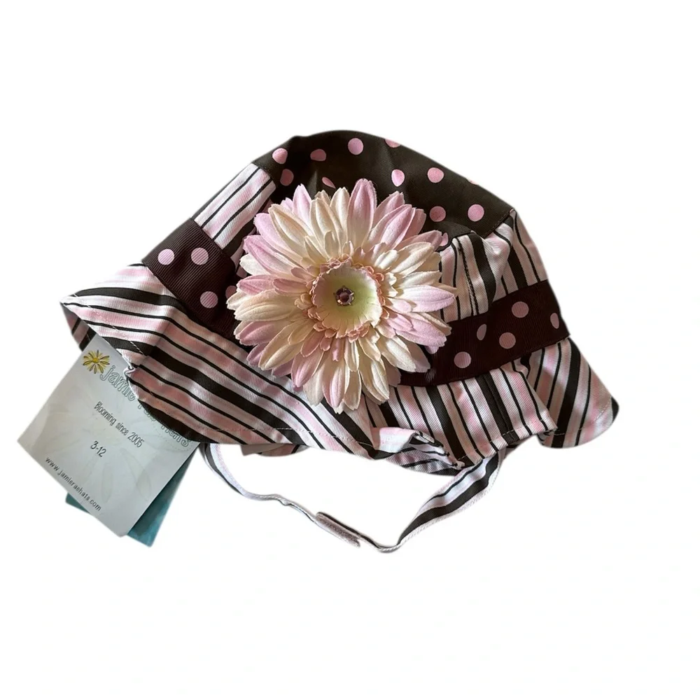 Jamie Rae Hats NWT‎ Baby Girl UV Sun Hat Brown Pink Polka Dot Flower 3-12M